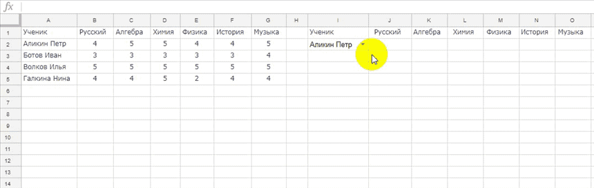 пример функции ВПР в Google таблицах